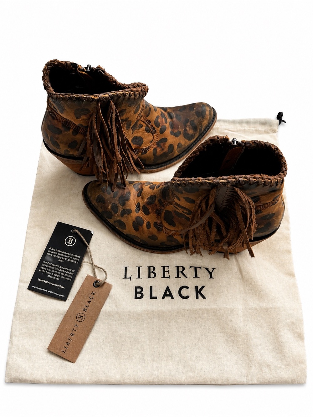 Liberty Black Chloe Chita Miel Fringe Leopard Booties Sz 8 Dust Bag $280 - Picture 5 of 16